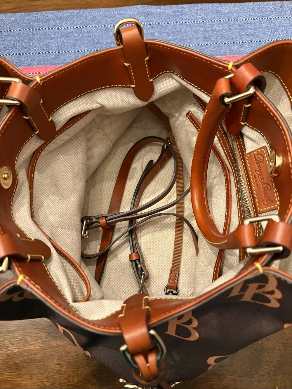 Dooney & Bourke Brown Logo Satchel with Tan Handles